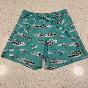 SAXX Oh Buoy 2in1 Stretch 7” Men's Aqua Teal Swim Trunks with Boat & Shark Print